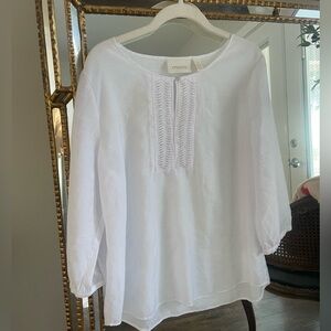 Chico’s white lightweight top with sparkly smocking